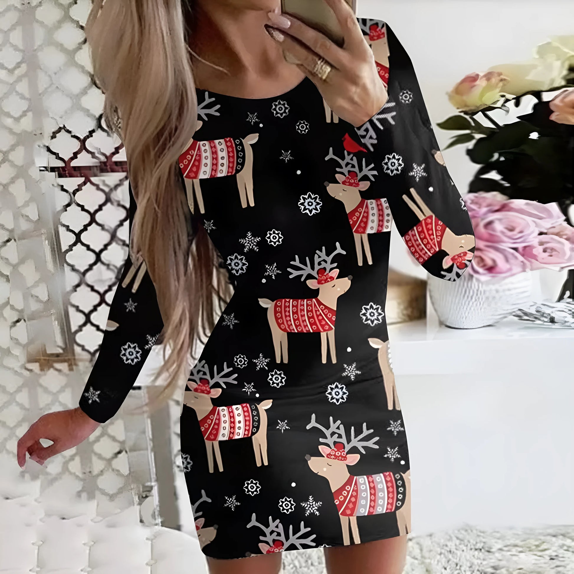 Women's Christmas printed dress with animal pattern, round neck, long sleeves, and floral colours