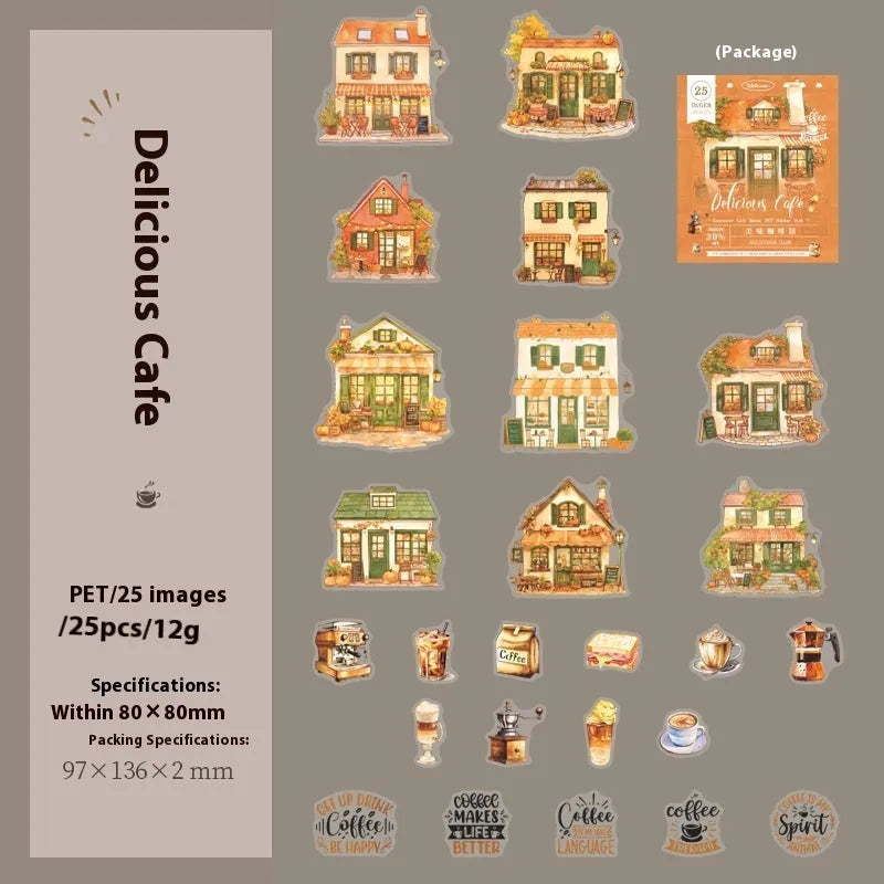Cafe series retro hand account sticker package with Mori Night Cafe, Green Cafe, and other cafe styles in 25 or 75 sticker packs