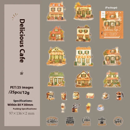 Cafe series retro hand account sticker package with Mori Night Cafe, Green Cafe, and other cafe styles in 25 or 75 sticker packs