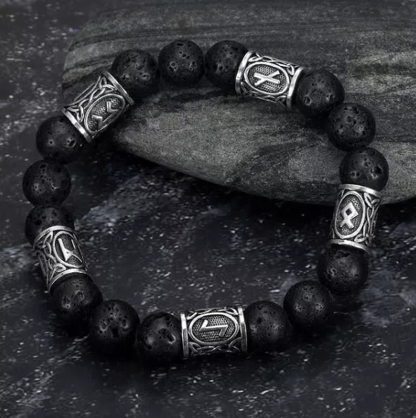 Asgard Crafted Silver Rune and Black Lava Stone Bracelet featuring ancient symbols