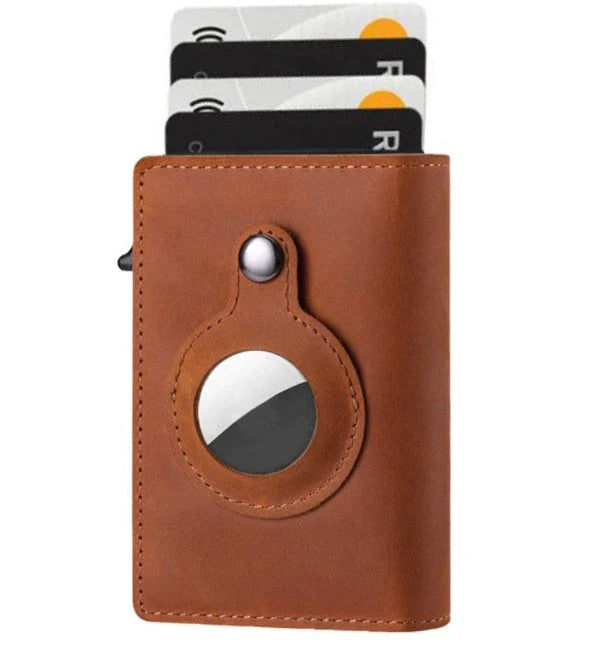 Slim leather wallet with built-in AirTag holder, featuring RFID-blocking technology and convenient card access