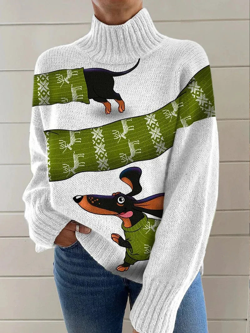 Women's Christmas printed turtleneck sweater with painting pattern and macaron colours, loose fit design