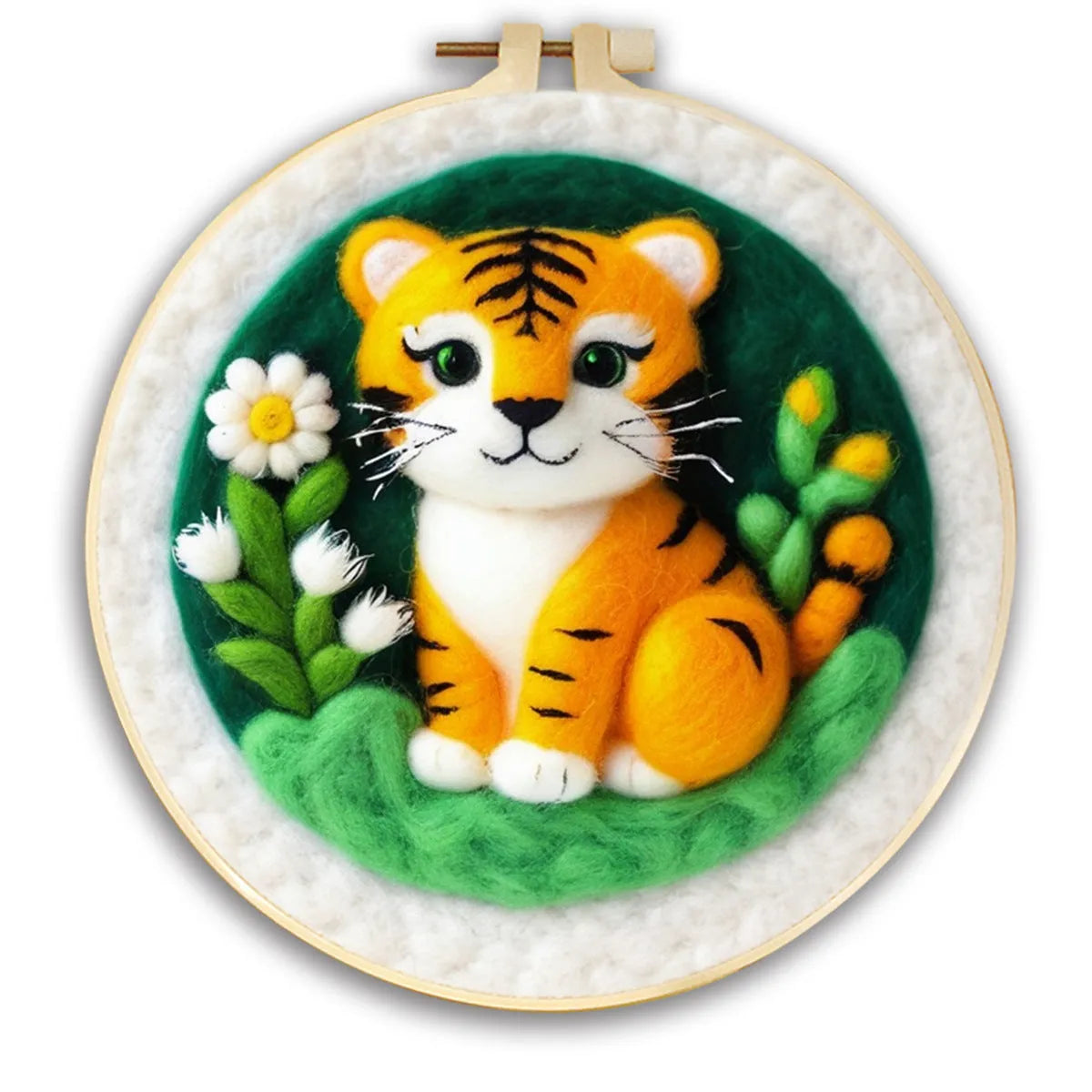 Round fabric embroidery kit with 20x20cm linen frame and wool felt for three-dimensional floral artwork