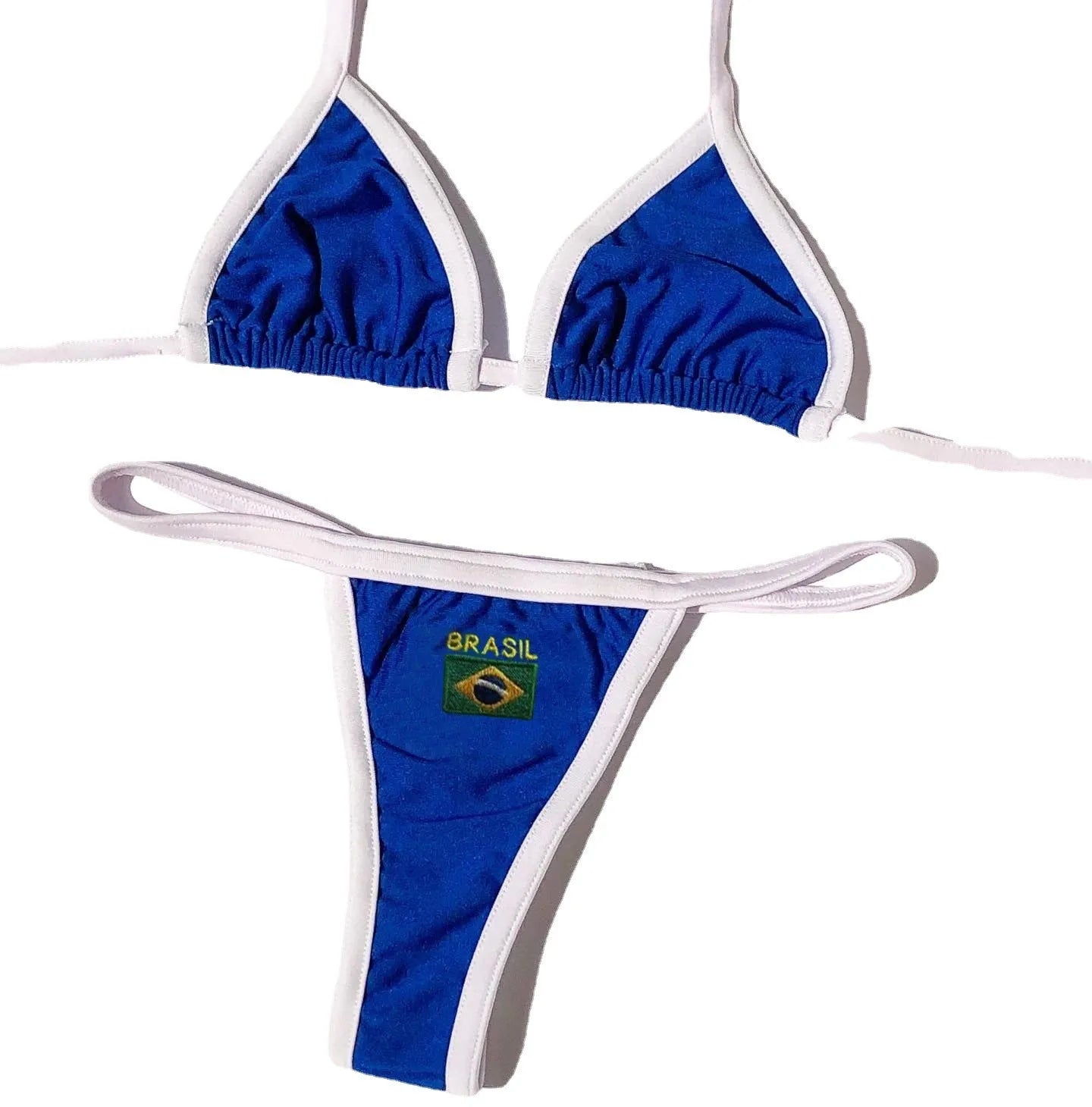 Women's slim fit T-back bikini set in blue, green, or yellow with shorts-length pants.