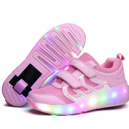 Girls' roller skates with blue PU wheels on a pavement, showing adjustable sizing and double wheel design