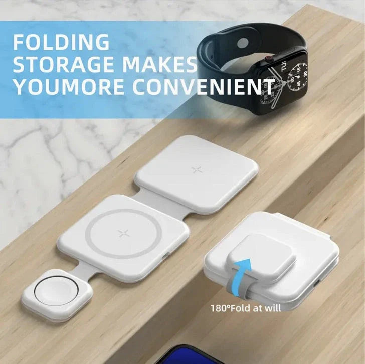A foldable 3-in-1 wireless charging station with magnetic alignment that can simultaneously charge a phone, smartwatch, and wireless headphones