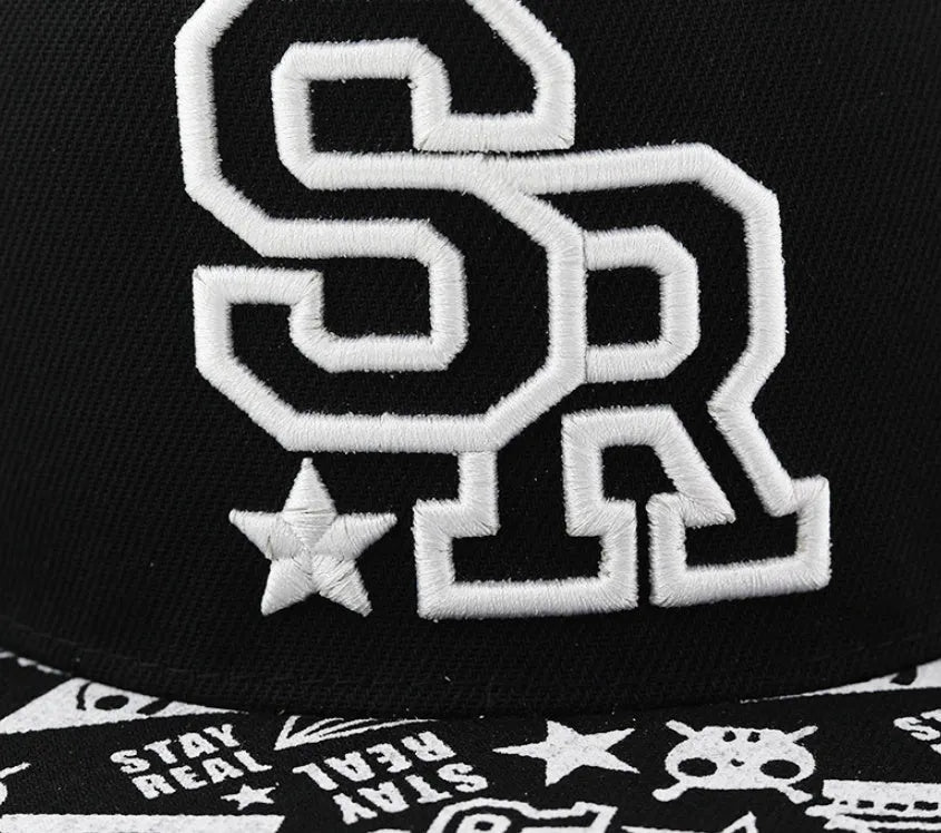 Cotton baseball hat with letter embroidery showing dome crown and adjustable strap in black and white colour options