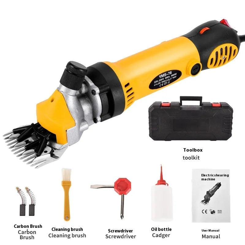 Yellow electric wool shearing tool with 13-tooth blade, multiple blade sets, and maintenance accessories in plastic storage box