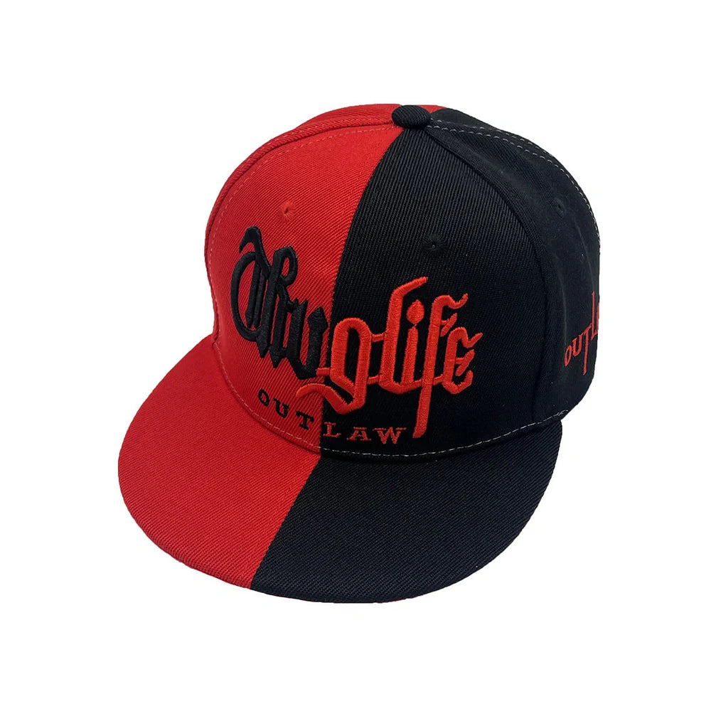 Street hip hop hat with embroidered letters in two colours on dome crown, adult sizing 56-60cm