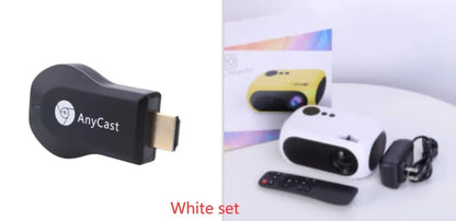 M24 gold and white portable mini LED projector with remote on a wooden table.