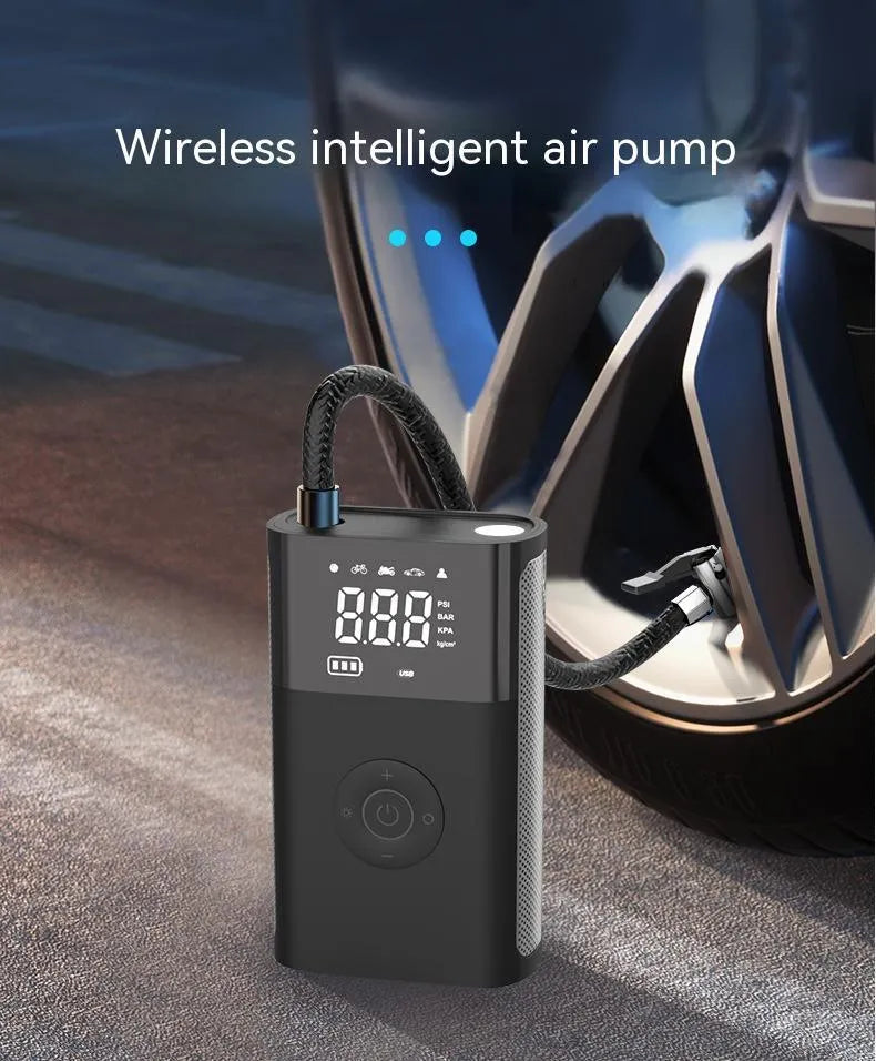 Wireless digital display handheld air pump with LED light and multiple valve adaptors for cars, bicycles and sports equipment