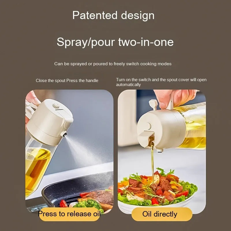 470ml glass olive oil sprayer and pour bottle with ergonomic handle in beige, yellow, green, and black colour options.