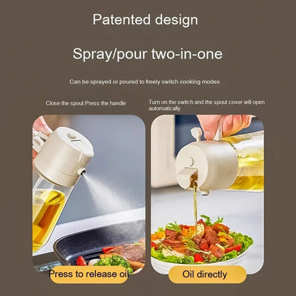 470ml glass olive oil sprayer and pour bottle with ergonomic handle in beige, yellow, green, and black colour options.