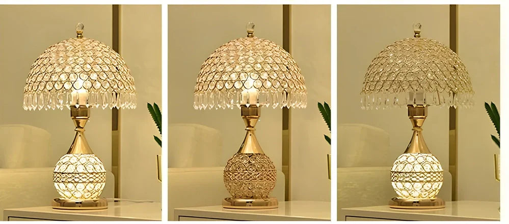 Gold crystal desk lamp 30cm tall with remote switch on bedside table, diffusing even light via manual-cut pendants