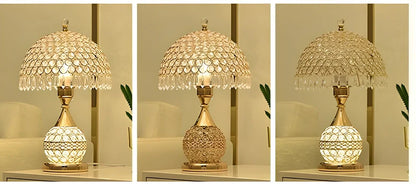 Gold crystal desk lamp 30cm tall with remote switch on bedside table, diffusing even light via manual-cut pendants