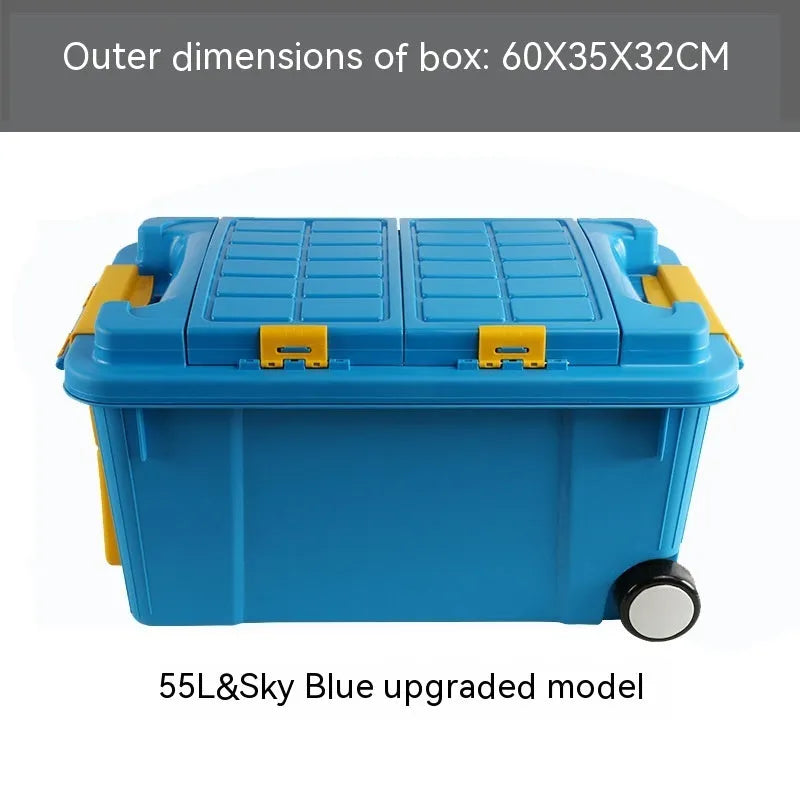 Large orange plastic storage box with black wheels and a pull-up handle, shown in a garage setting.