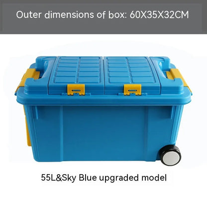 Large orange plastic storage box with black wheels and a pull-up handle, shown in a garage setting.
