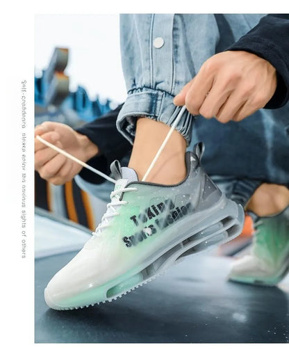 Men's black and green platform running shoes with mesh upper and rubber sole, showing lace-up design and 3-5cm heel height