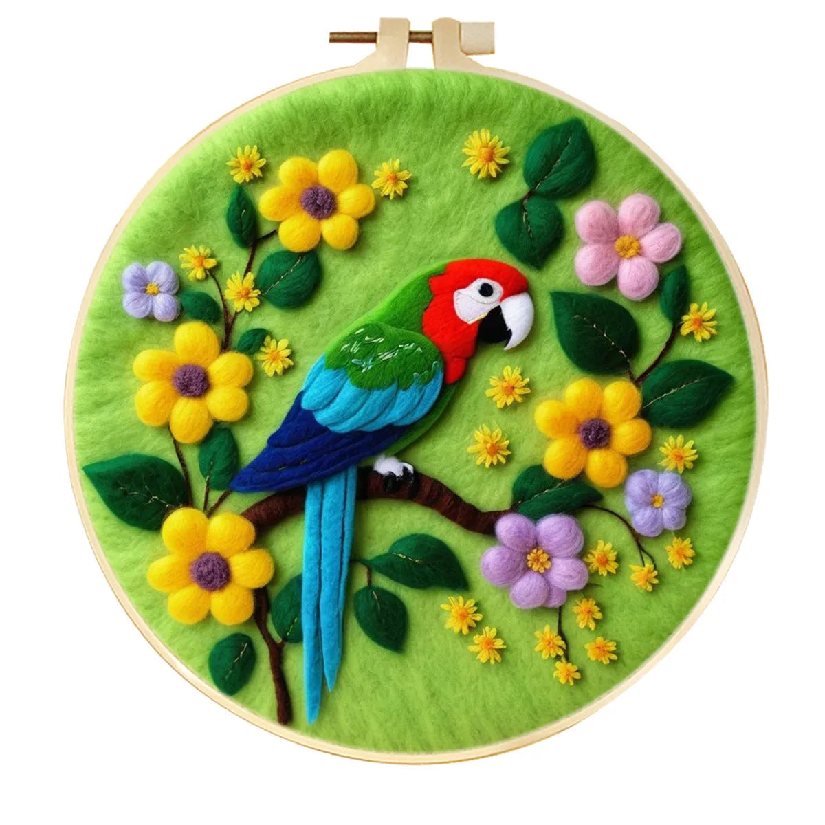 Round fabric embroidery kit with 20x20cm linen frame and wool felt for three-dimensional floral artwork
