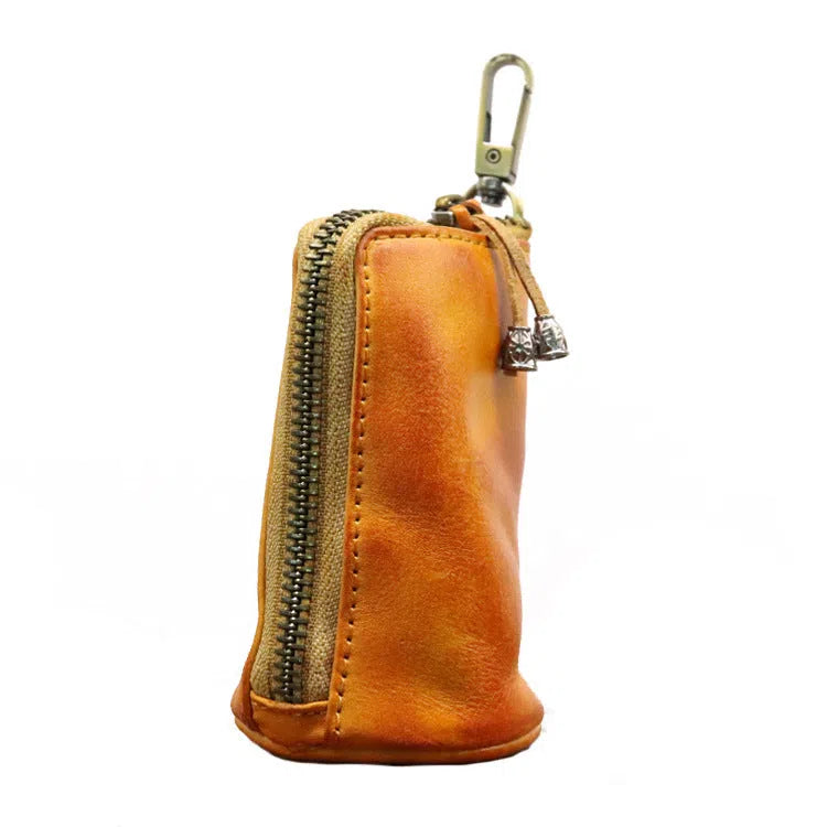 Men's waist-hanging key case in full-grain cowhide genuine leather with distressed finish, available in five solid colours