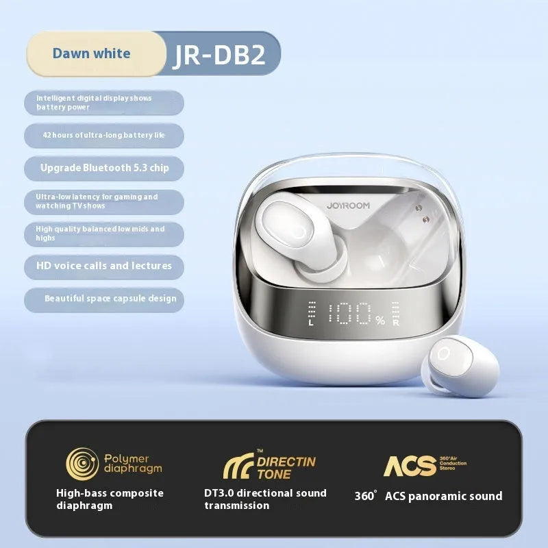Wireless in-ear Bluetooth headset in Dawn White colour with charging case and USB cable