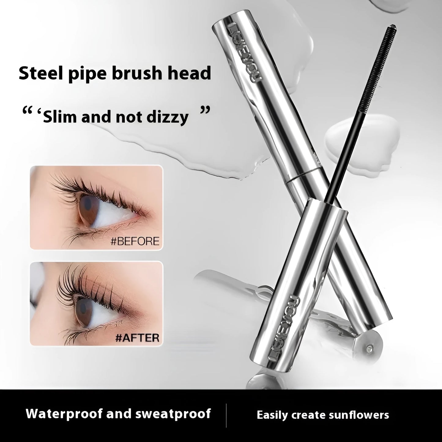 Waterproof mascara in steel tube with optional eyelash curler in black and brown colours