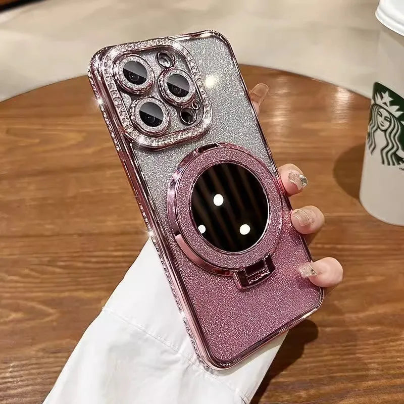 Glittering gradient iPhone case with an attached bracket for holding a makeup mirror.