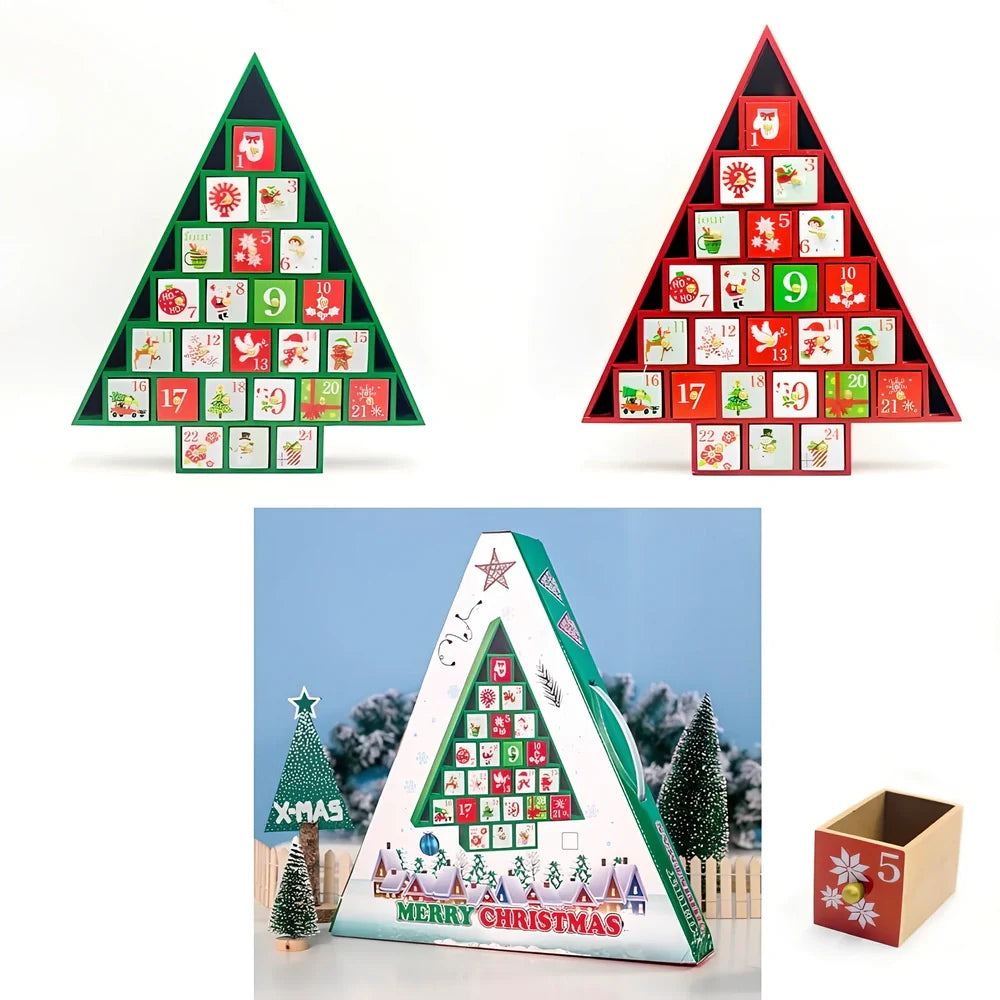 Wooden Christmas advent calendar with 24 numbered compartments in red and green colours measuring 37x32cm