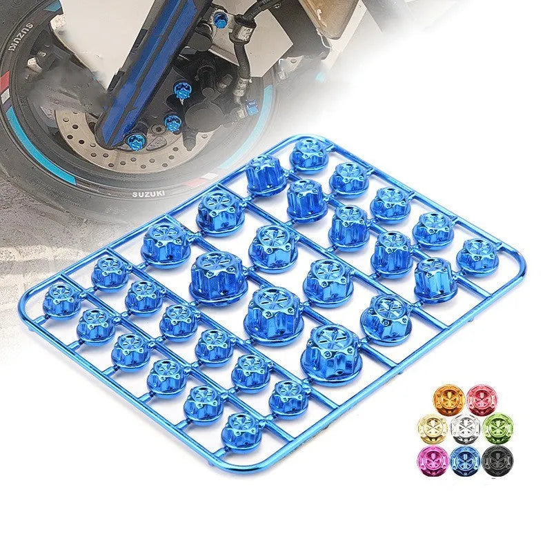 Set of 30 coloured ABS plastic screw caps for motorcycle engine bolt head customisation.
