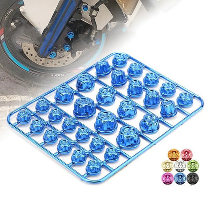 Set of 30 coloured ABS plastic screw caps for motorcycle engine bolt head customisation.
