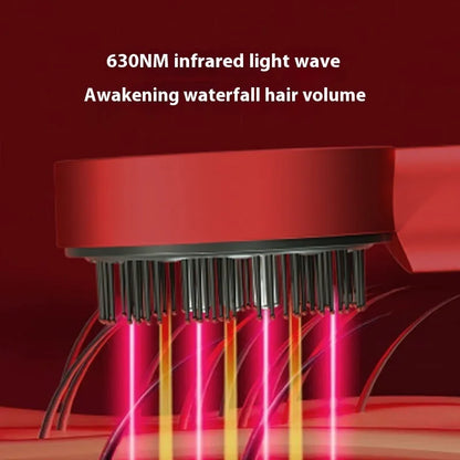 Black handheld red and blue light therapy massage hair comb on a white background.