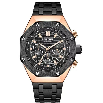 Men's multifunctional waterproof quartz watch with 13mm thickness showing three strap options