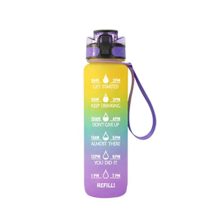 Transparent 1000ml Tritan sports water bottle with infuser on a plain background
