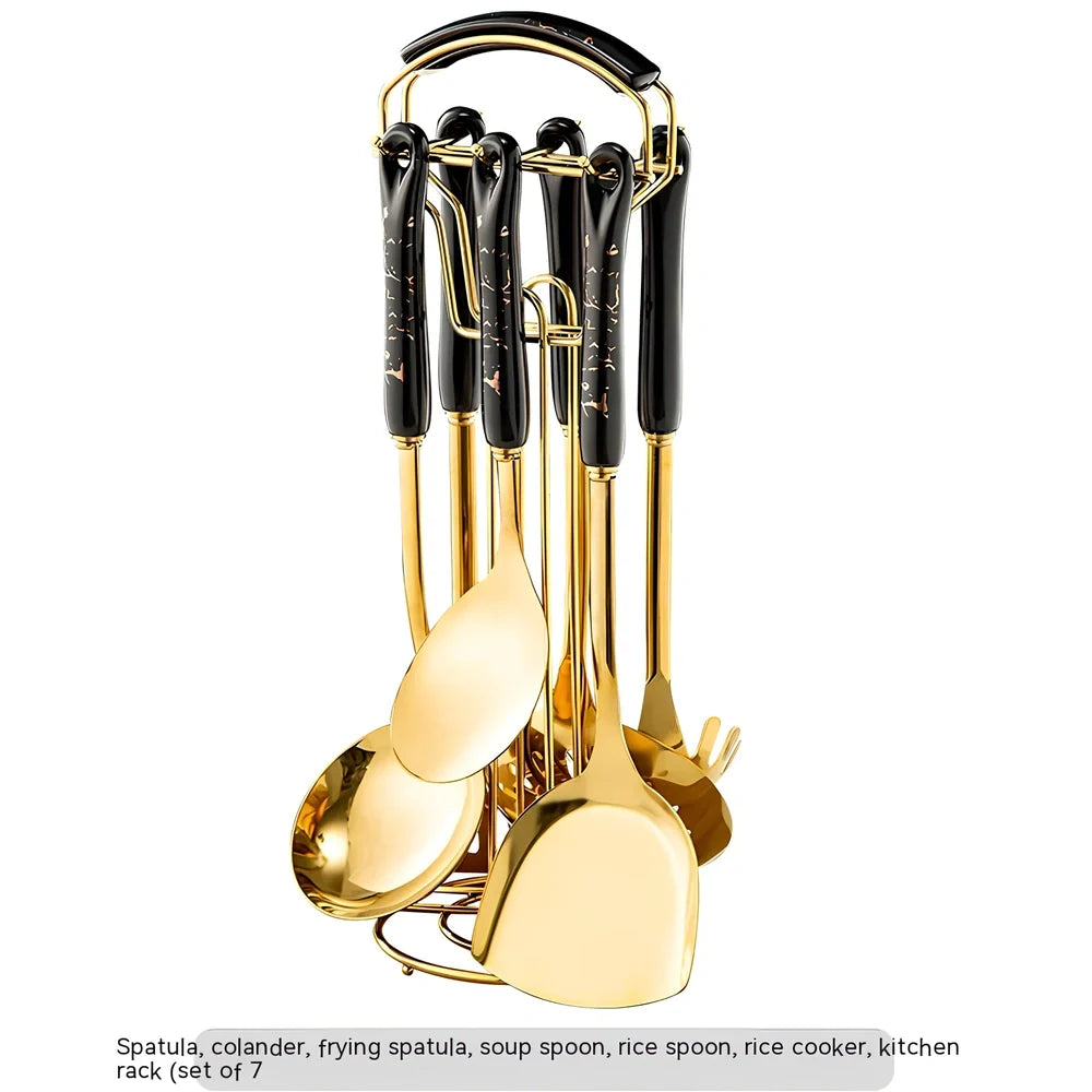 Stainless steel kitchen utensils set with eight pieces in multiple colours including black, green, pink, and white options