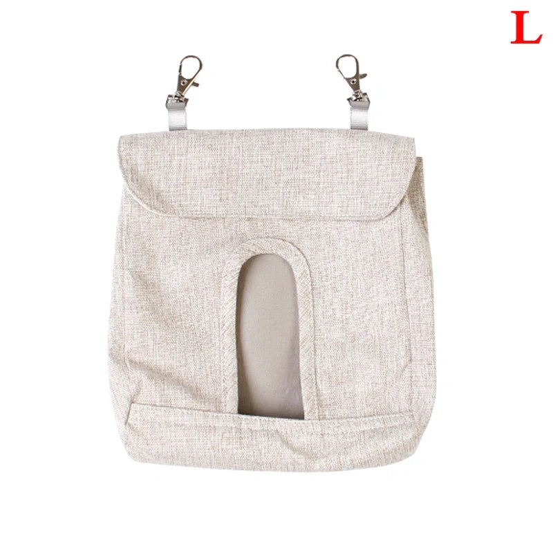 Versatile cloth feeding bags for small pets like rabbits, guinea pigs, hamsters, and chinchillas, available in grey and blue colors in small, medium, and large sizes