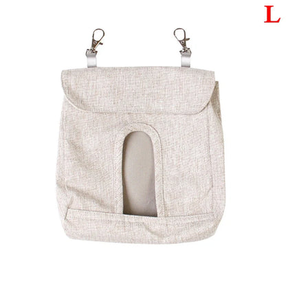 Versatile cloth feeding bags for small pets like rabbits, guinea pigs, hamsters, and chinchillas, available in grey and blue colors in small, medium, and large sizes