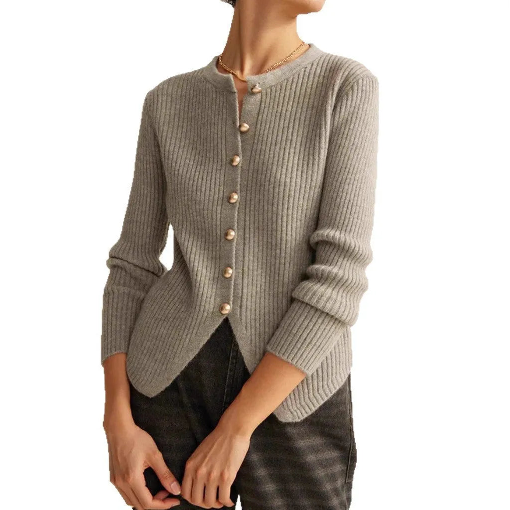 Women's silver loose fit cardigan sweater showing front and back views, Asian sizing label visible.