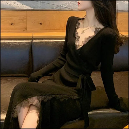 Black women's slim fit woolen skirt with princess dress cut, showing front and back views of the polyester garment