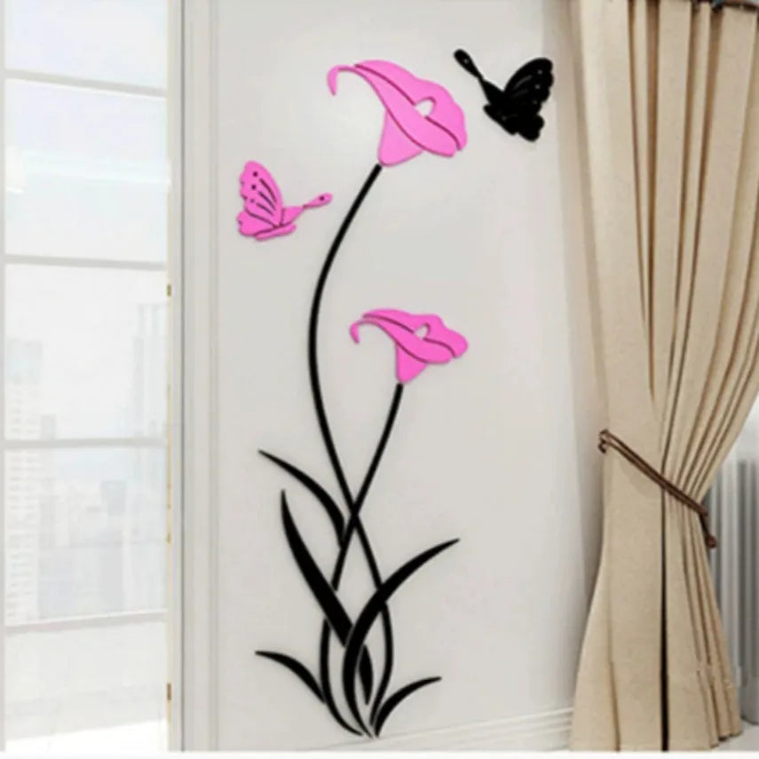 Lily 3D stereo acrylic wall stickers showing size variations and colour options including metallic finishes