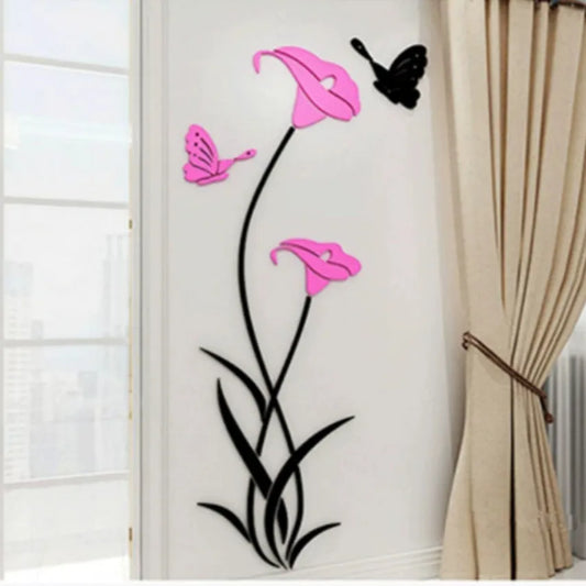 Lily 3D stereo acrylic wall stickers showing size variations and colour options including metallic finishes