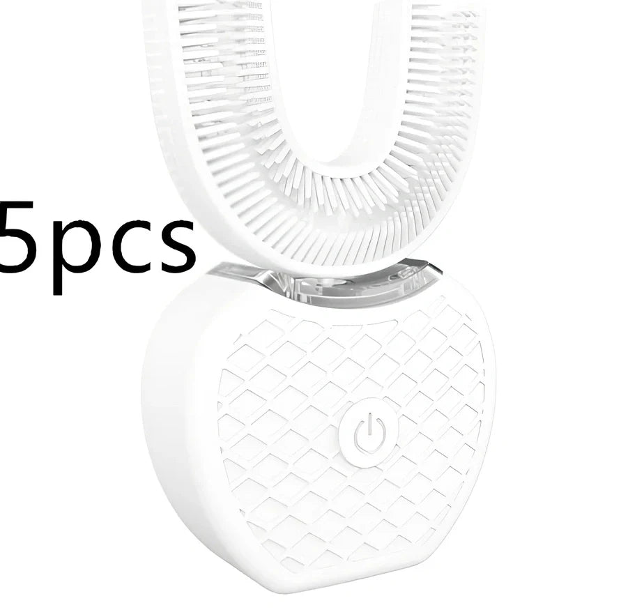 Black ultrasonic electric toothbrush with U-shaped design showing magnetic charging base and USB cable