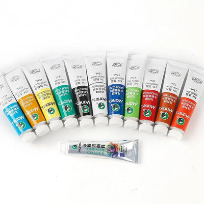 Gouache paint set showing tubes labelled 12, 18, and 24 colours in 5ml and 12ml sizes.