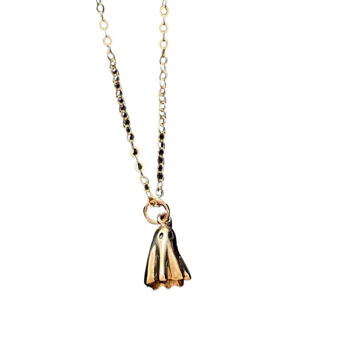 Titanium steel ghost pendant necklace on a 45cm stainless steel chain with electroplated finish, available in cable, figaro, or mini staple styles.