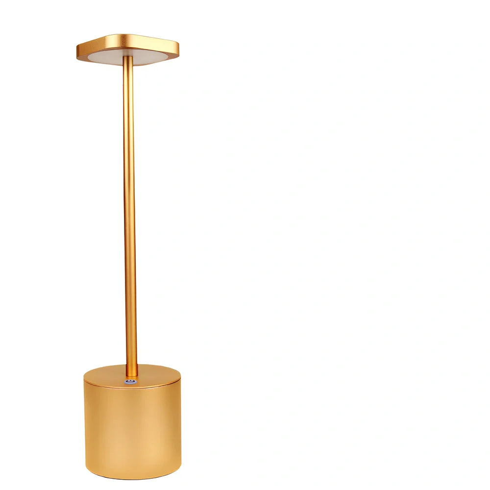 Gold LED table lamp with 38.5cm aluminium body and acrylic shadow showing 20 LED beads