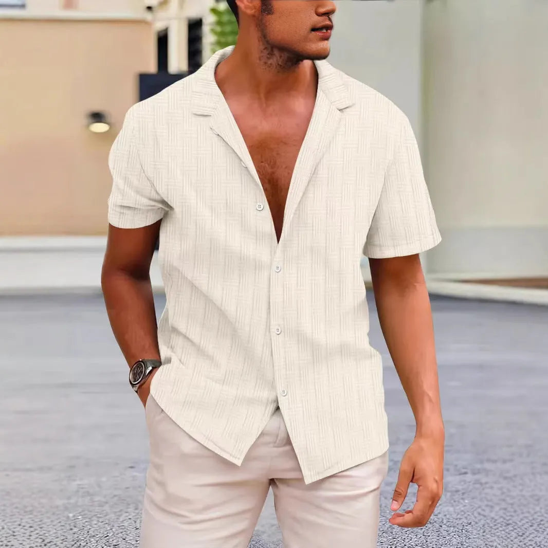 British-style corduroy short sleeve shirt with lapel collar in solid colour options