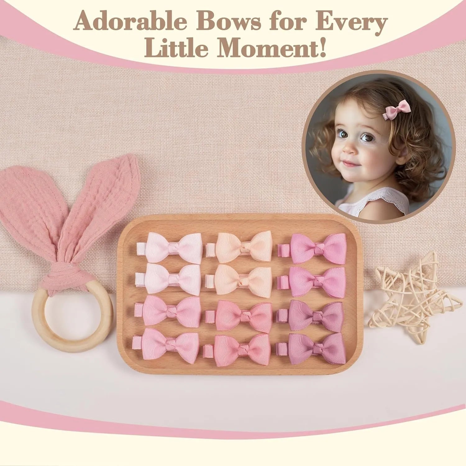 Assortment of pastel-coloured baby hair clips and bows arranged on a white background.