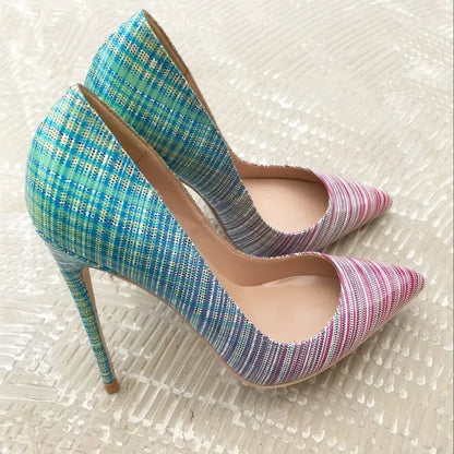 Ladies' colourful gradient patent leather heels with pointed toe and sheepskin insole, available in 8cm, 10cm, and 12cm heel heights.