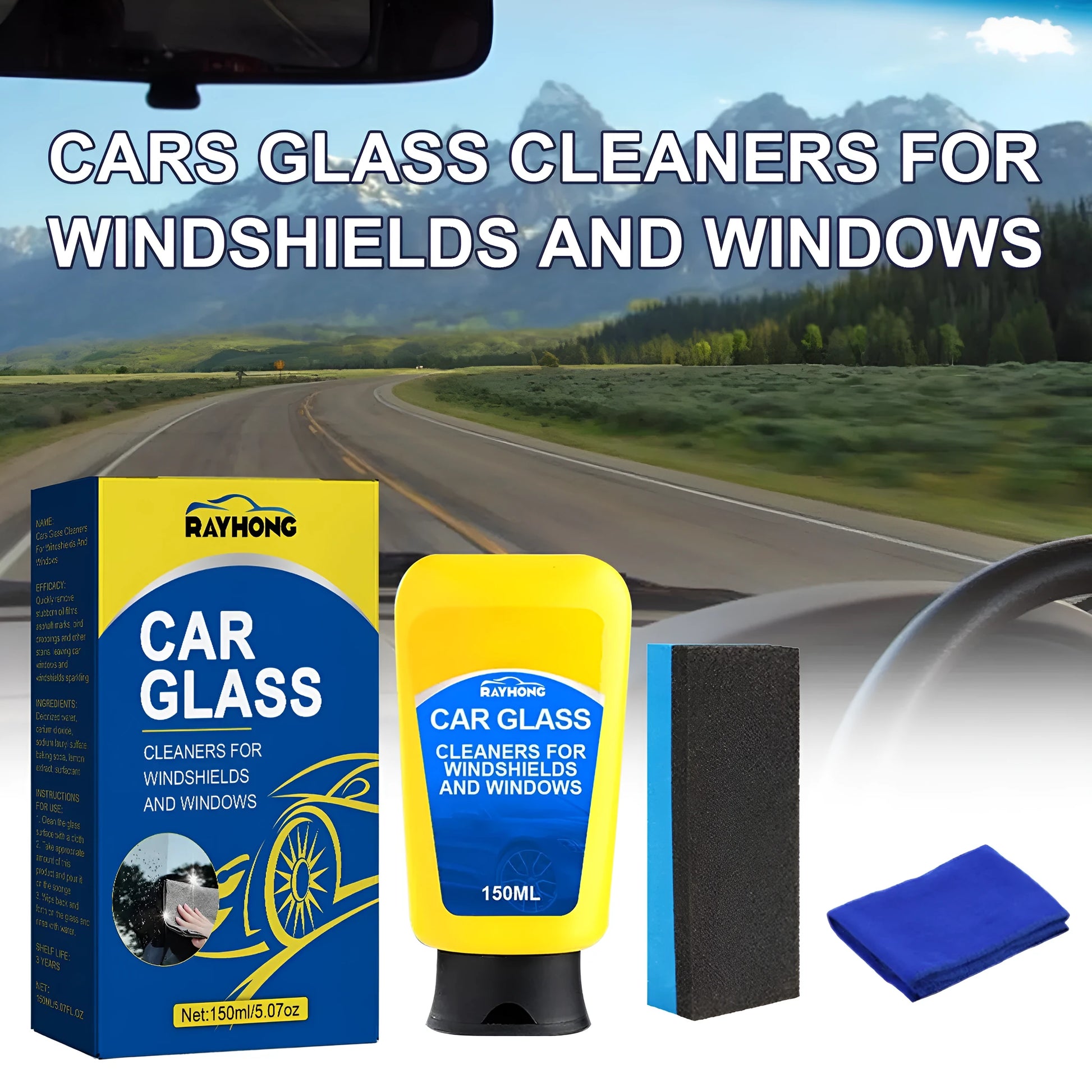 150ml car windscreen cleaner bottle with sponge and microfibre cloth for automotive glass cleaning