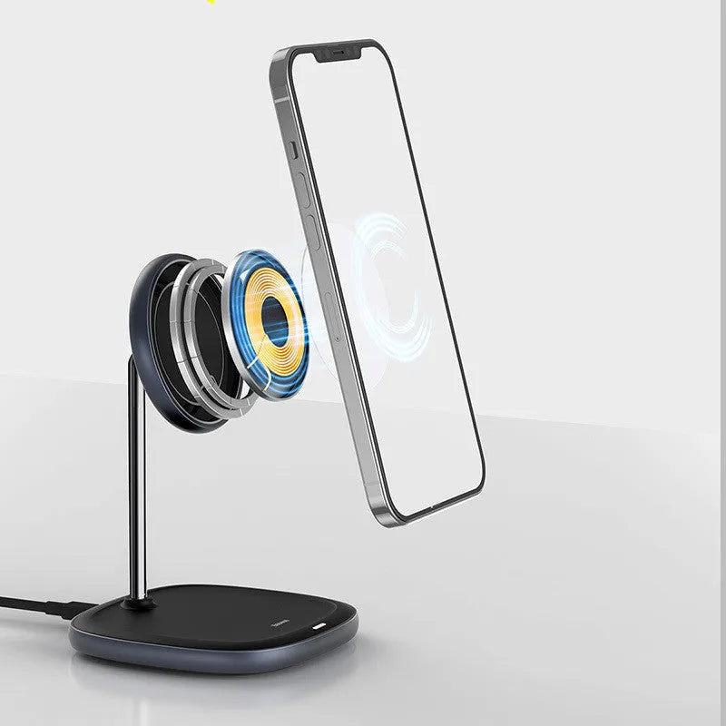 Swan magnetic wireless charging stand for iPhone 12 with 15W fast charging capability in black or white