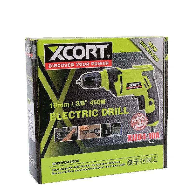Pistol-grip electric drill with 450W motor, 10mm chuck, measuring 24cm by 24cm by 7cm